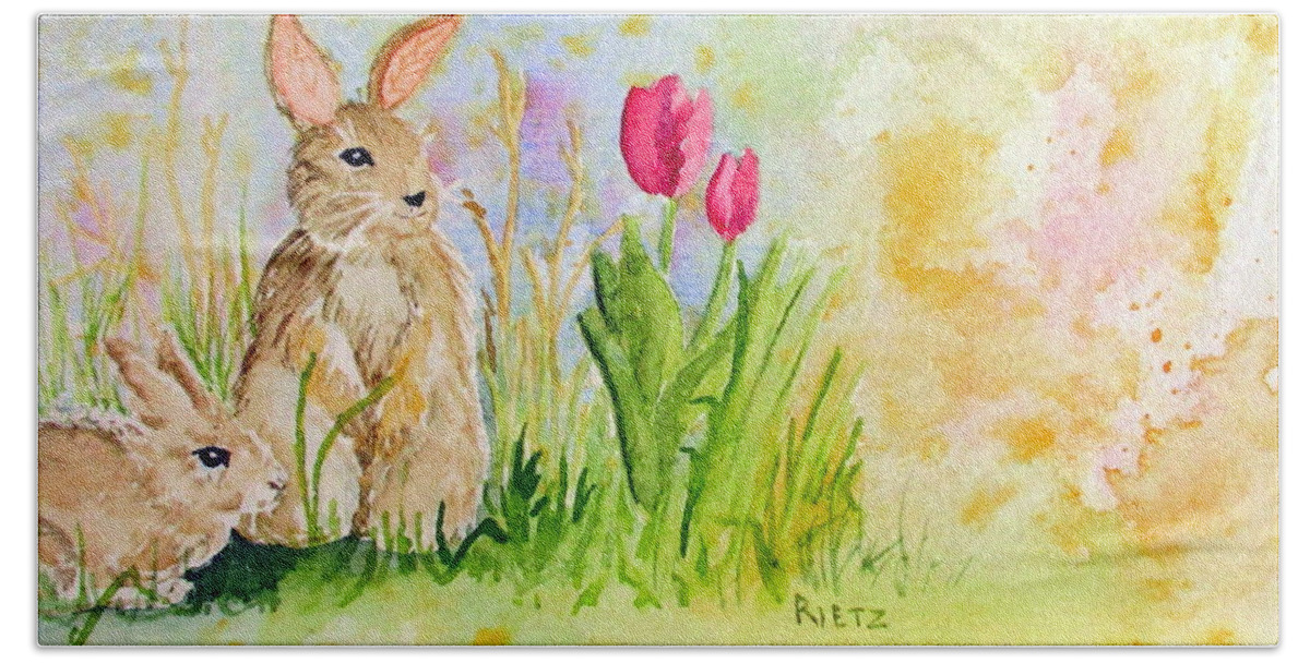 Landscape Hand Towel featuring the painting Bunny Party by Julia RIETZ