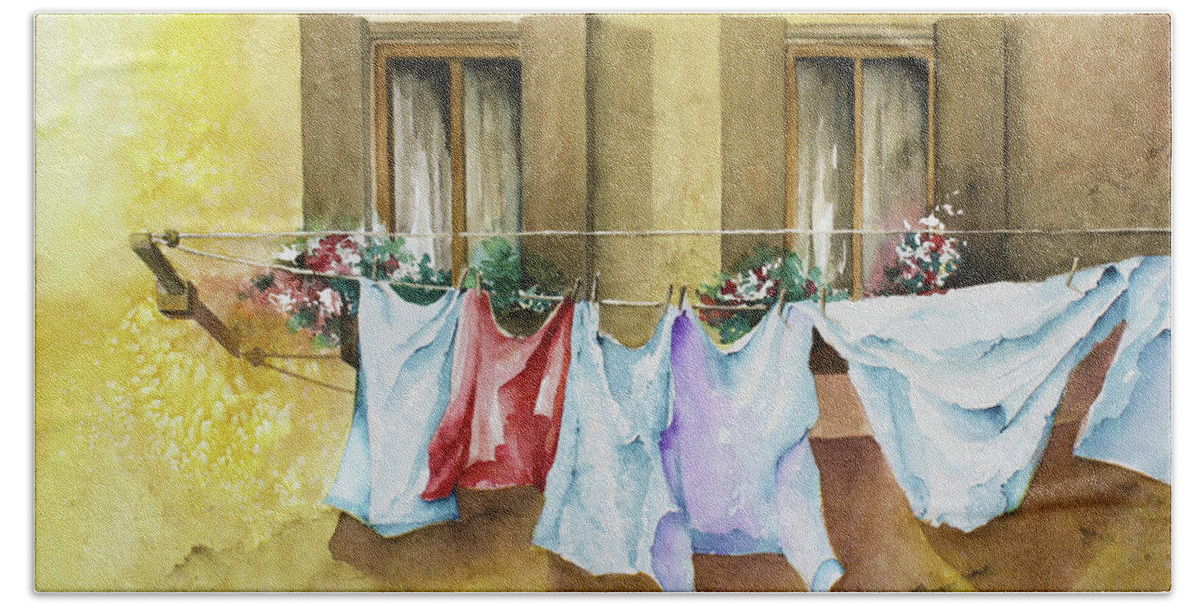 Italy Hand Towel featuring the painting Burano Laundry by Lael Rutherford