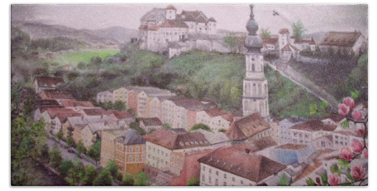 Spring Days In Burghausen Hand Towel featuring the painting Burhausen by Sorin Apostolescu