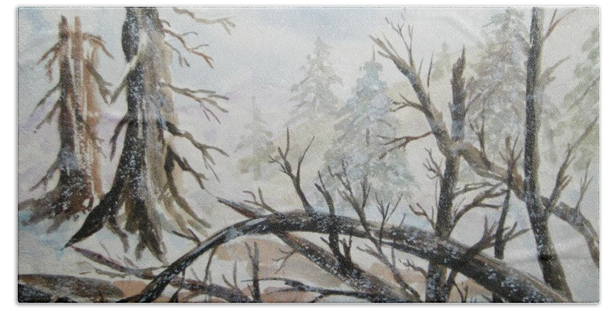 Burned Forest Bath Towel featuring the painting Burned Forest in the Snow by Ellen Levinson