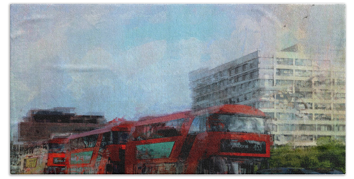 London Bath Towel featuring the digital art Buses on Westminster Bridge by Nicky Jameson