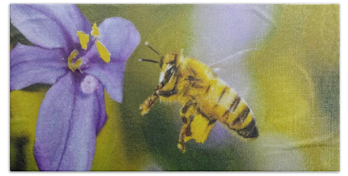 Honey Bee Hand Towel featuring the mixed media Busy Bee by Cara Frafjord