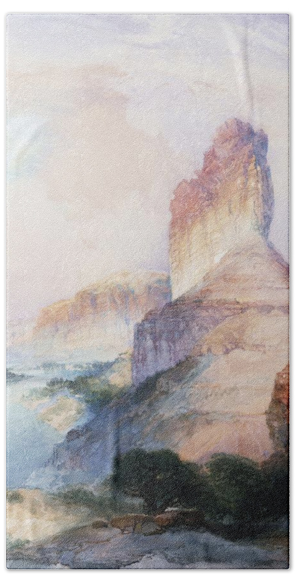 Thomas Moran Hand Towel featuring the painting Butte Green River Wyoming by Thomas Moran