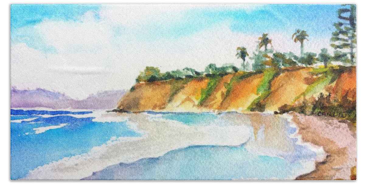 Ocean Hand Towel featuring the painting Butterfly Beach Santa Barbara by Carlin Blahnik CarlinArtWatercolor