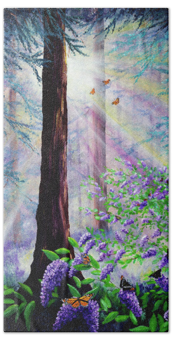 Redwoods Bath Towel featuring the painting Butterfly Grove in Redwood Forest by Laura Iverson