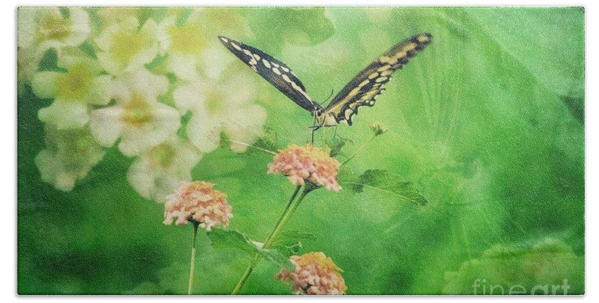 Butterfly Bath Towel featuring the photograph Butterfly on Lantana Montage by Toma Caul