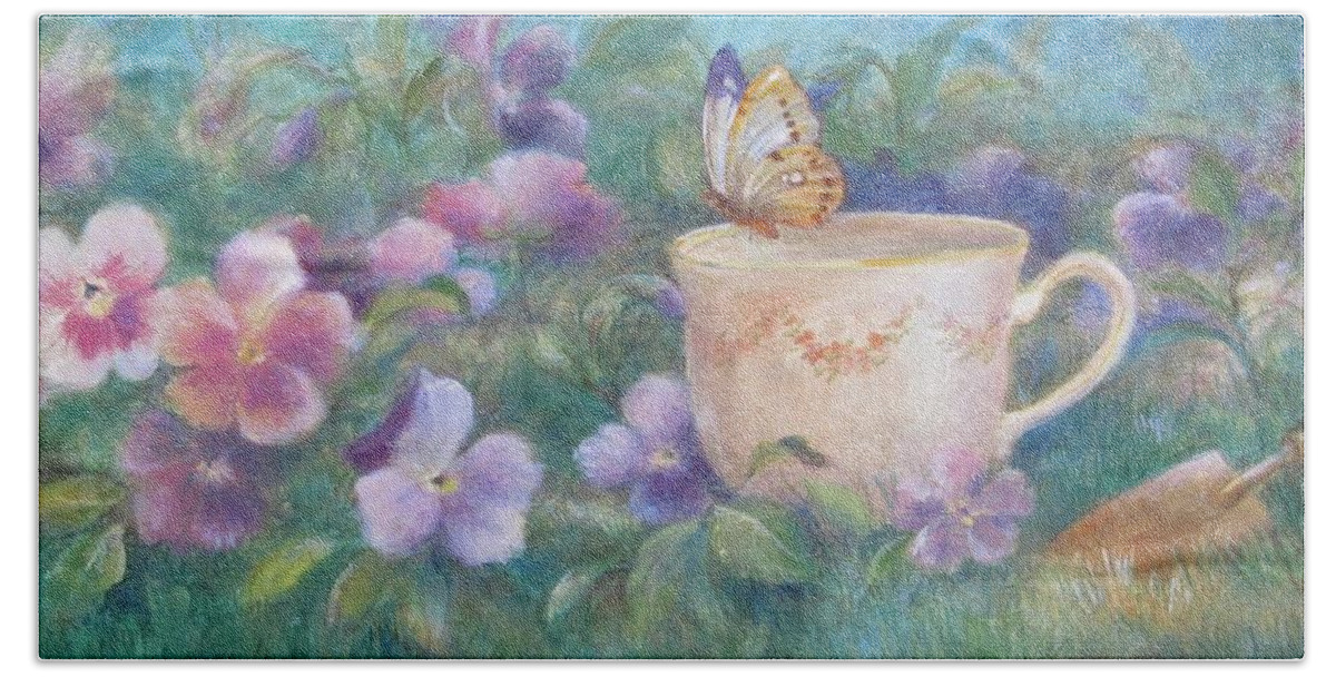 Illustrated Butterfly On Teacup Bath Towel featuring the painting Butterfly on Teacup by Judith Cheng
