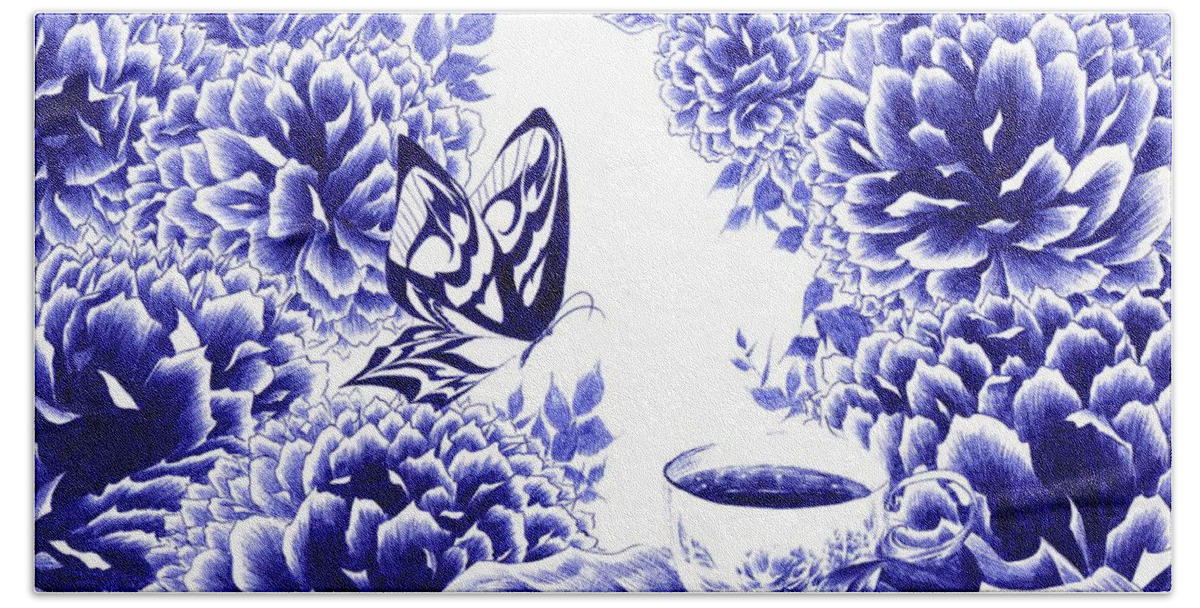Butterfly Hand Towel featuring the drawing Butterfly Teatime by Alice Chen