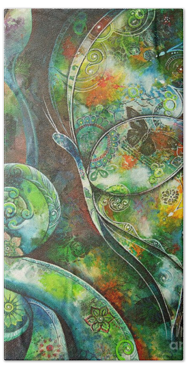 Butterfly Hand Towel featuring the painting Butterfly with Koru by Reina Cottier by Reina Cottier