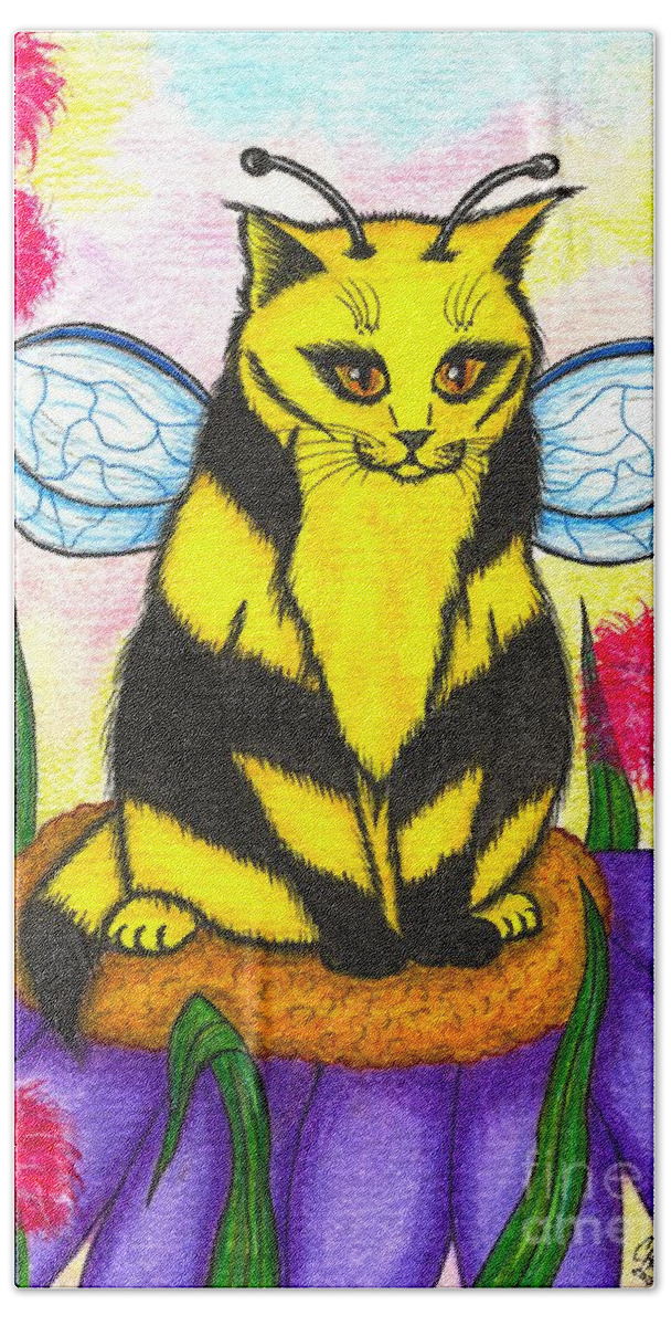Buzz Bath Towel featuring the painting Buzz Bumble Bee Fairy Cat by Carrie Hawks