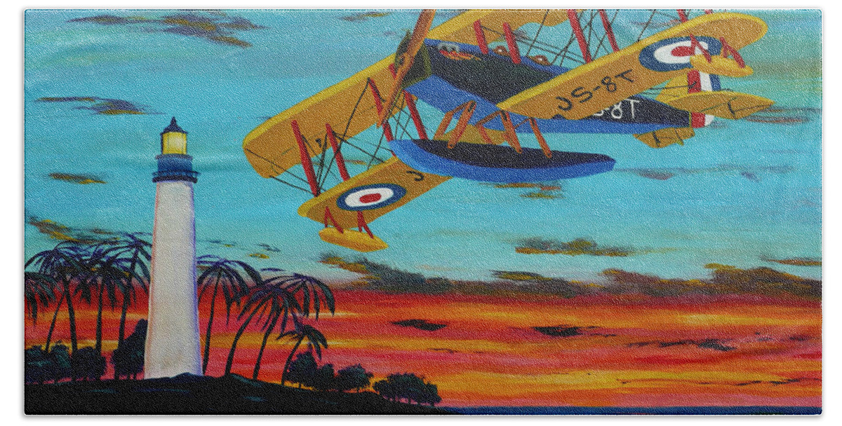 Plane Hand Towel featuring the painting Buzzing The Light by Anthony Dunphy