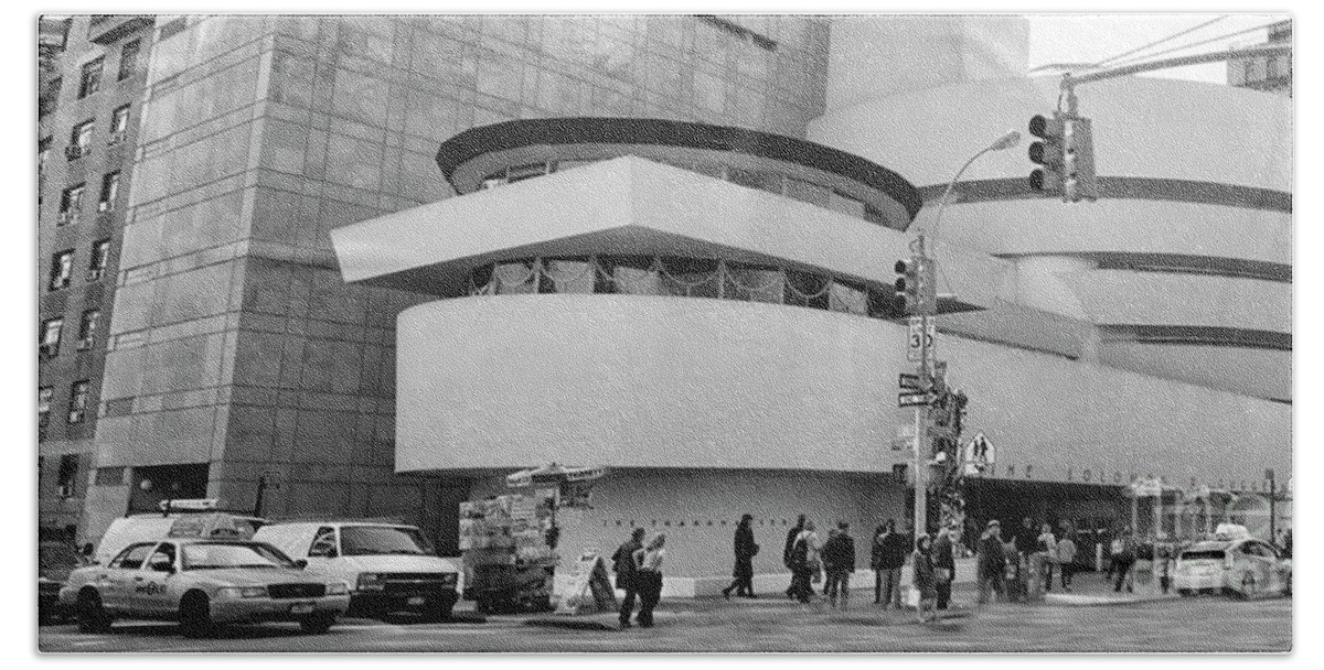 Guggenheim Bath Towel featuring the photograph BW Guggenheim museum NYC by Chuck Kuhn