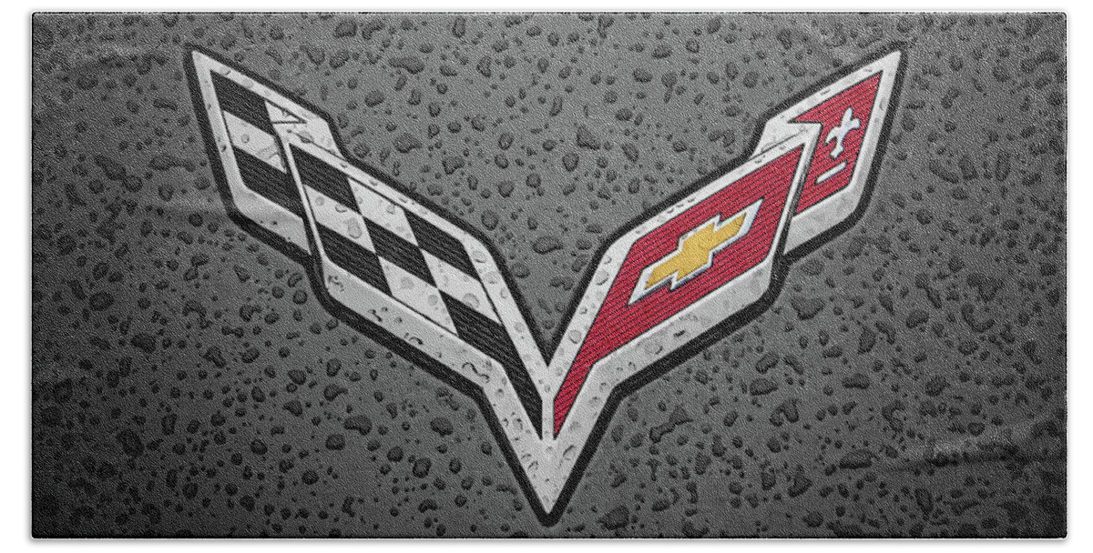 Corvette Hand Towel featuring the digital art C7 Badge Black by Douglas Pittman
