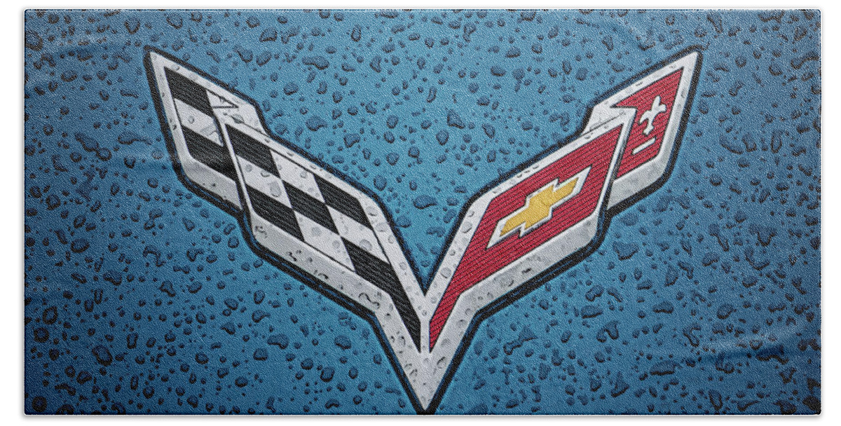 Corvette Hand Towel featuring the digital art C7 Badge Blue by Douglas Pittman