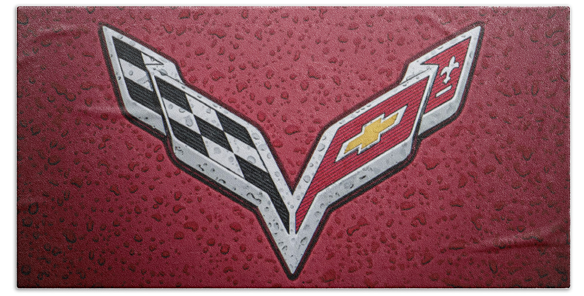 Corvette Hand Towel featuring the digital art C7 Badge Red by Douglas Pittman