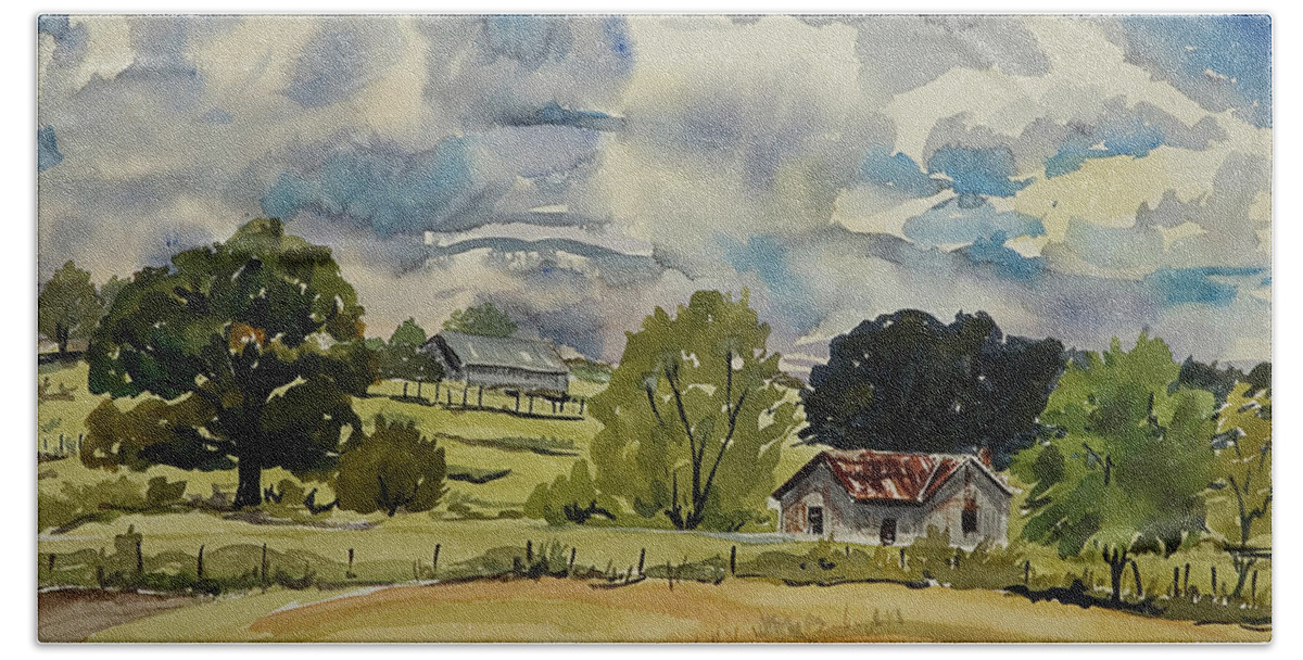 Farmland Bath Towel featuring the painting Cabin and field by Judith Young