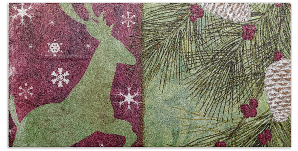 Christmas Reindeer Hand Towel featuring the painting Cabin Christmas II by Mindy Sommers