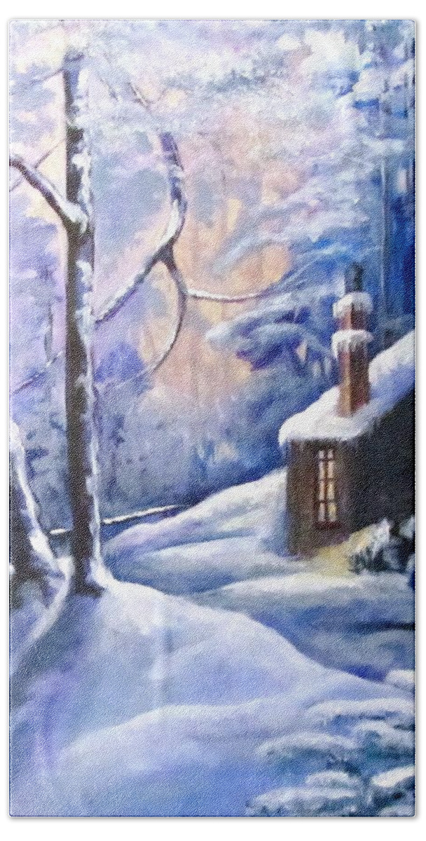 Snow Bath Towel featuring the painting Cabin in the Woods by Barbara O'Toole