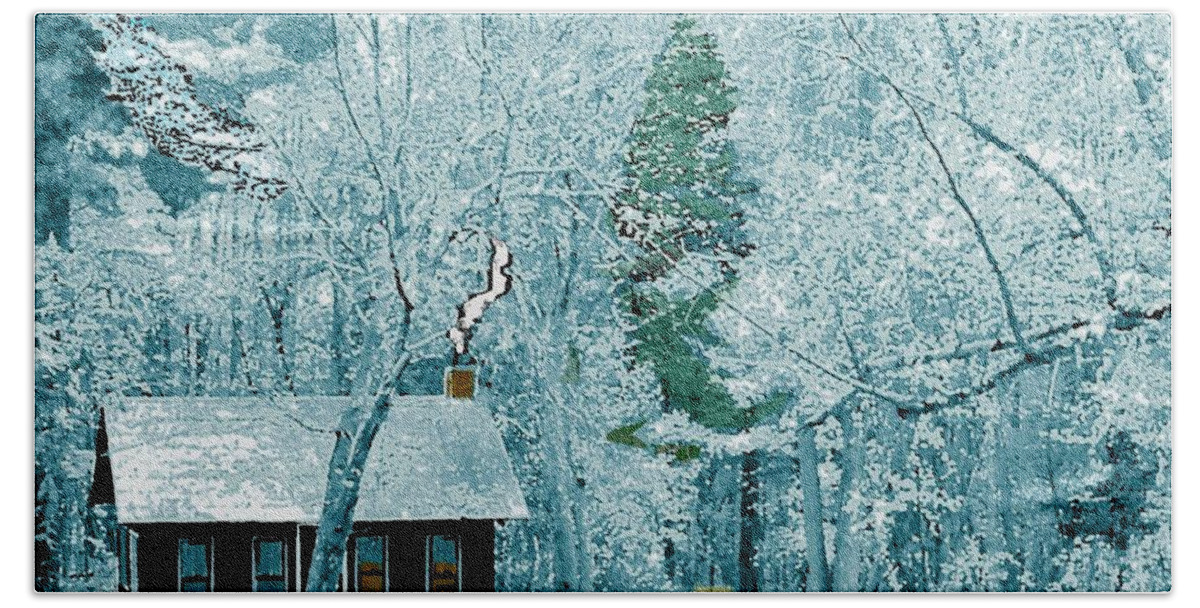 Woods Hand Towel featuring the painting Cabin in the Woods by Cliff Wilson