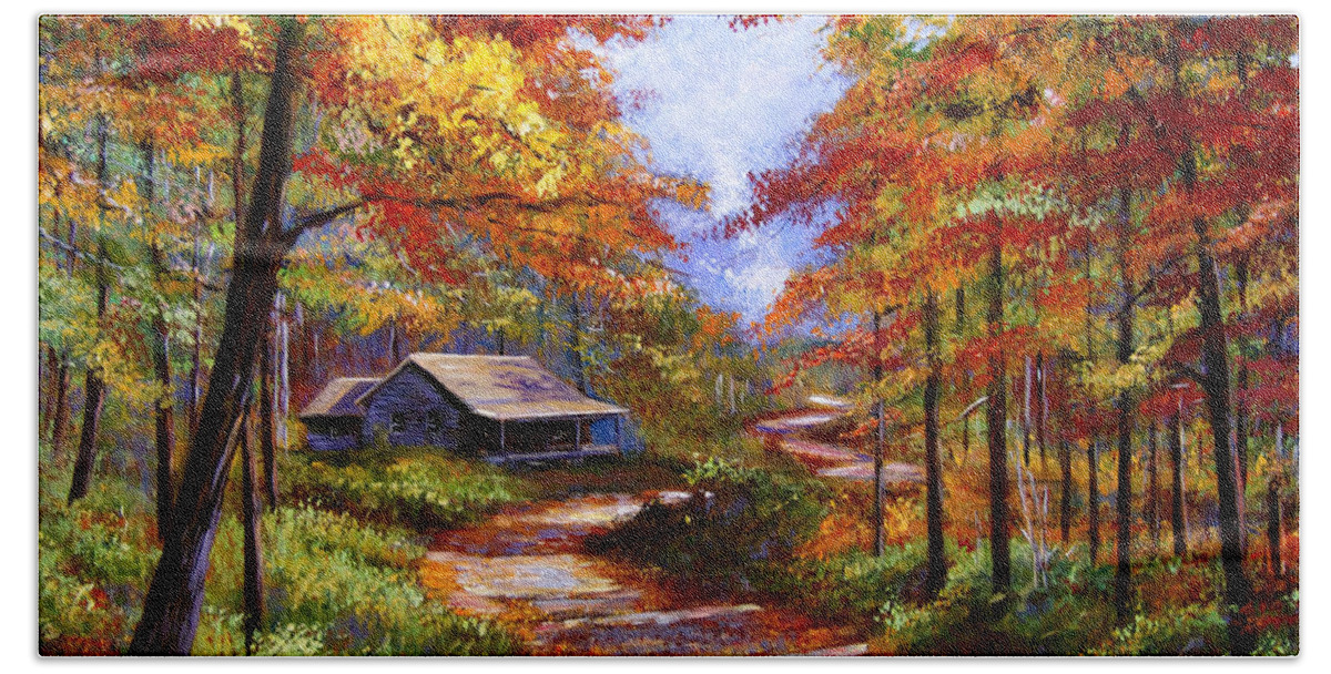Autumn Hand Towel featuring the painting Cabin In the Woods by David Lloyd Glover