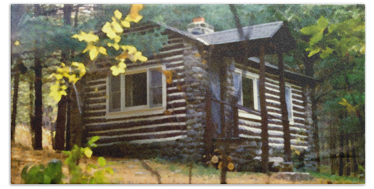 Log Cabin Bath Towel featuring the painting Cabin in the Woods by Paul Sachtleben