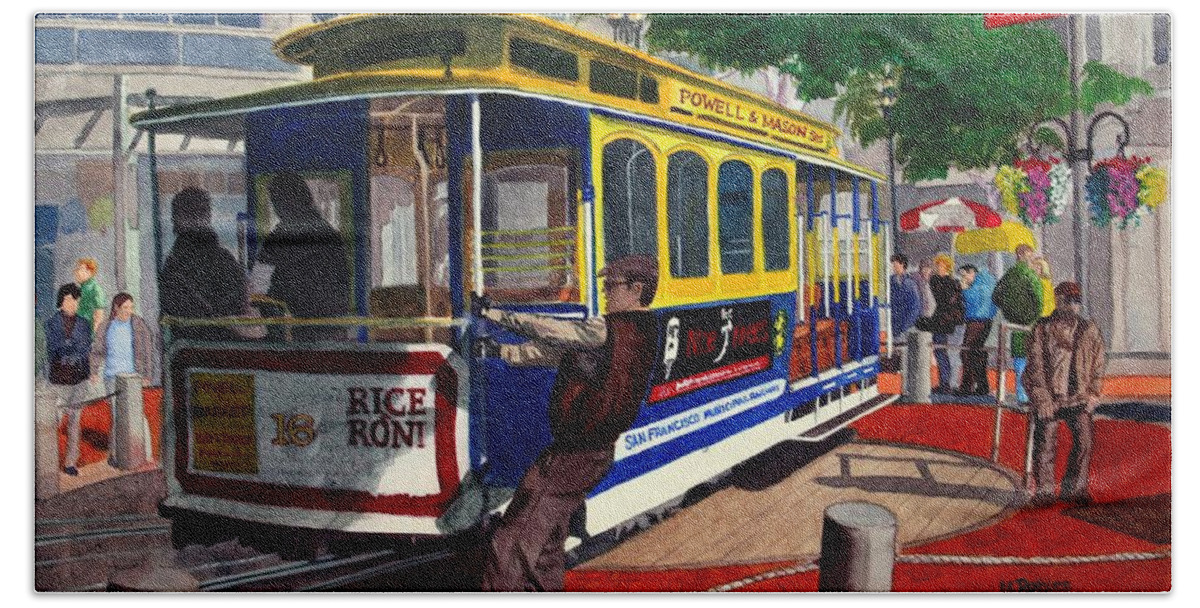 San Francisco Bath Towel featuring the painting Cable Car Turntable at Powell and Market Sts. by Mike Robles