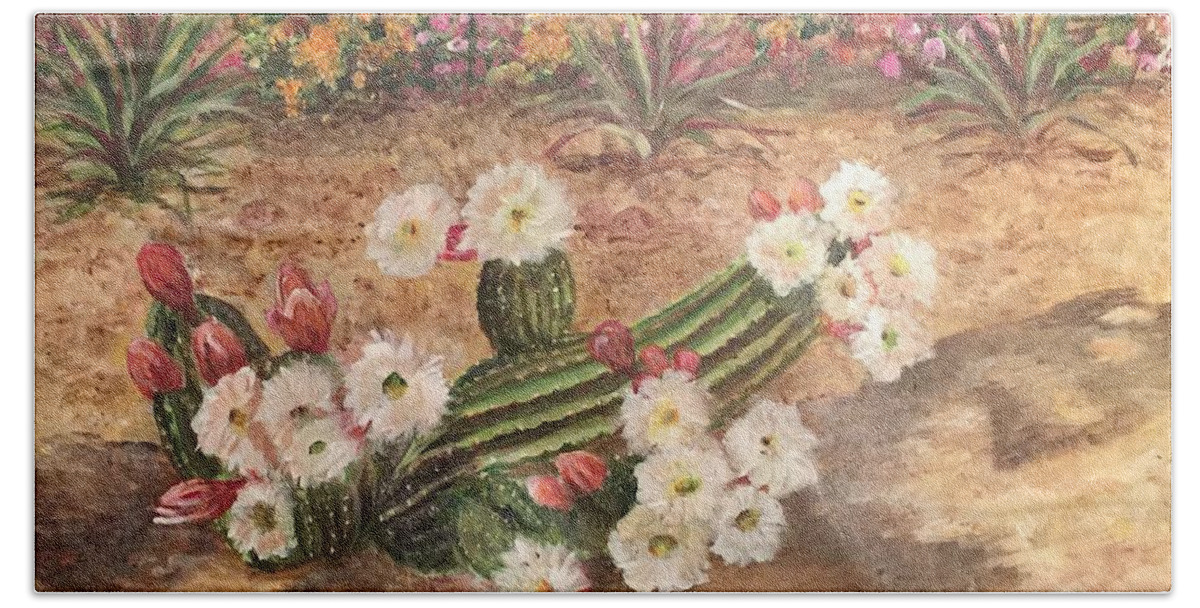A Back Yard Cactus Growing Among The Flowers. Beige White Yellow Hand Towel featuring the painting Cactus Garden by Charme Curtin