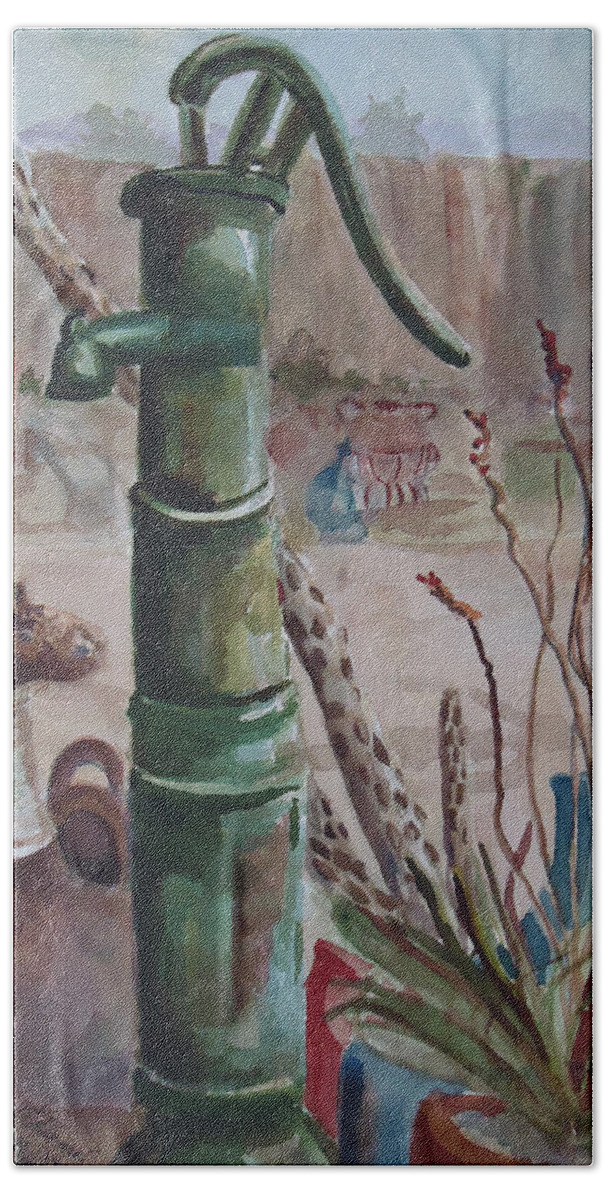 Landscape Bath Sheet featuring the painting Cactus Joes' Pump by Charme Curtin