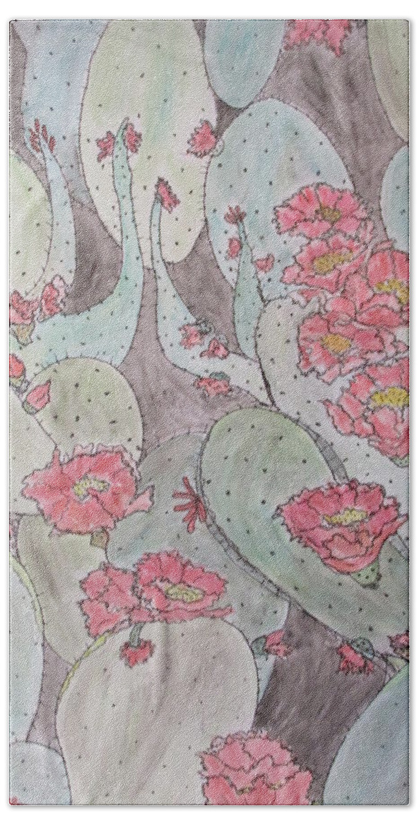 Abstract Cactus Blooming Desert Joy Dark Rose Lt. Rose Vermillion Carmine Pink Yellow All Greens Black Pen And Ink Hand Towel featuring the mixed media Cactus Voices #2 by Sharyn Winters
