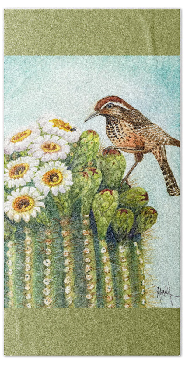 Cactus Wren Hand Towel featuring the painting Cactus Wren and Saguaro by Marilyn Smith