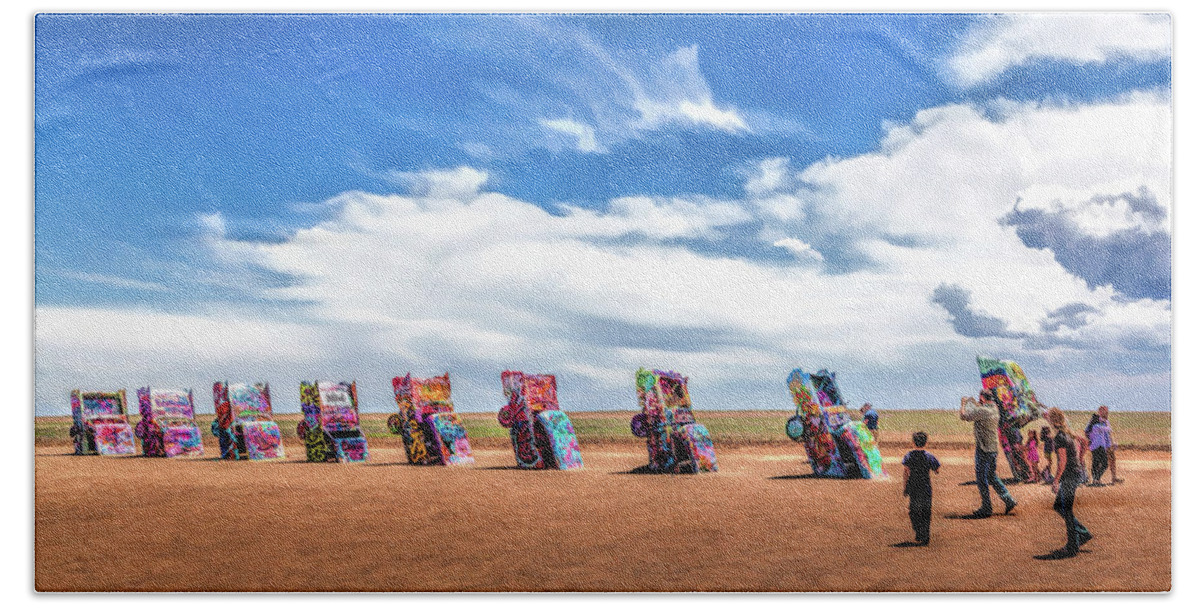 Cadillac Ranch Bath Towel featuring the painting Route 66 Cadillac Ranch by Christopher Arndt