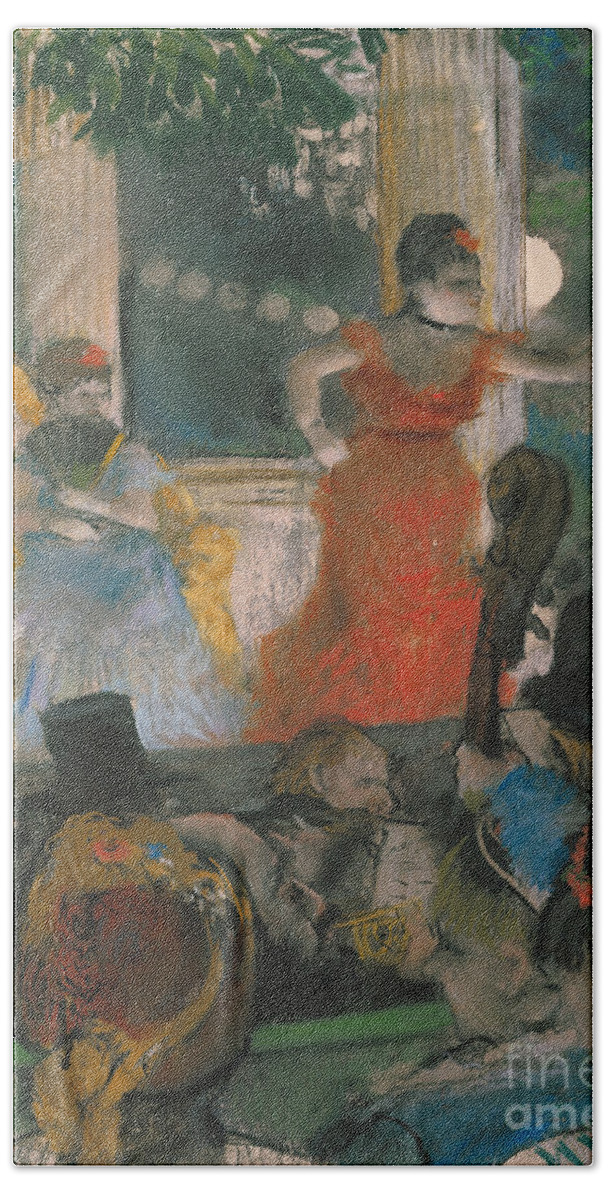 Cafe Hand Towel featuring the pastel Cafe Concert at Les Ambassadeurs by Edgar Degas