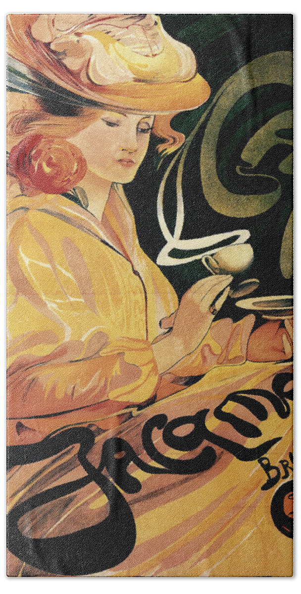 Cafe Jacamo Hand Towel featuring the mixed media Cafe Jacamo - Woman Sipping on a Cup of Coffee - Vintage Advertising Poster by Studio Grafiikka