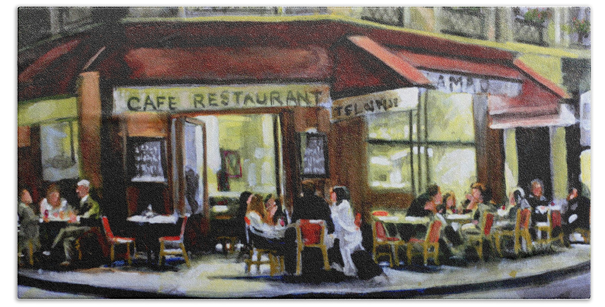 The Paris Cafe Scene Fascinates Me And I Always Project My My Ideas On The Unsuspecting Customers Hand Towel featuring the painting Cafe Regulars by David Zimmerman
