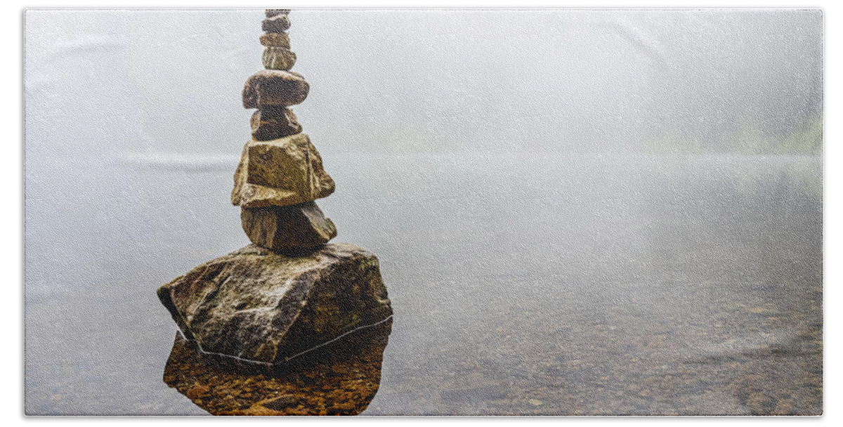 Concept Bath Towel featuring the photograph Cairn in a Foggy Lake by Pelo Blanco Photo