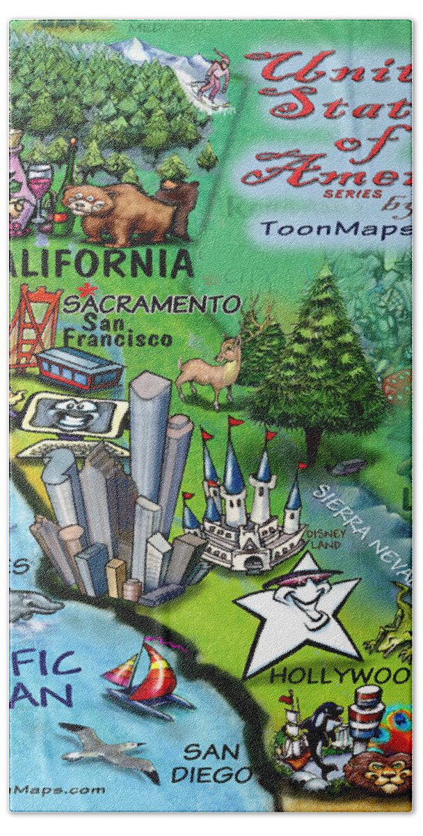 California Bath Towel featuring the digital art California Fun Map by Kevin Middleton