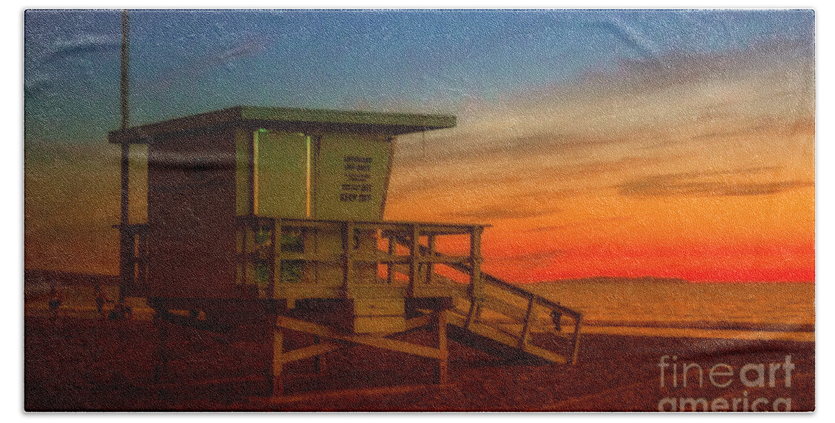 California Lifeguard Tower At Sunset Fine Art Photography Print For Beach Lovers As Wall Hanging For The Home Or Office Bath Towel featuring the photograph California Lifeguard Tower At Sunset by Jerry Cowart