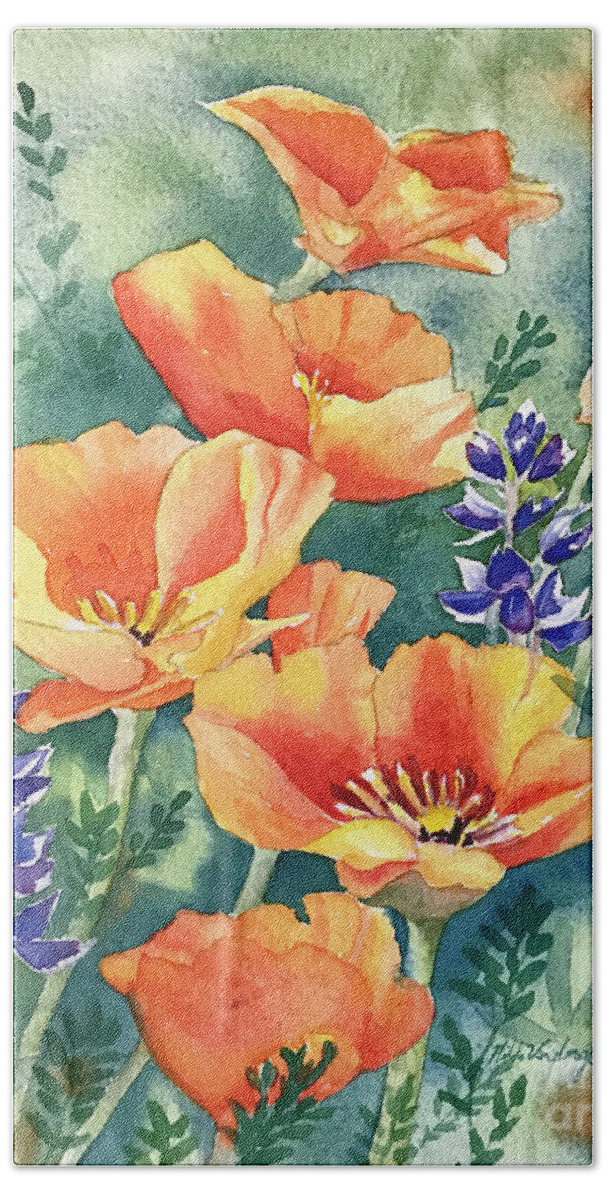 California Poppies Bath Towel featuring the painting California Poppies in Bloom by Hilda Vandergriff