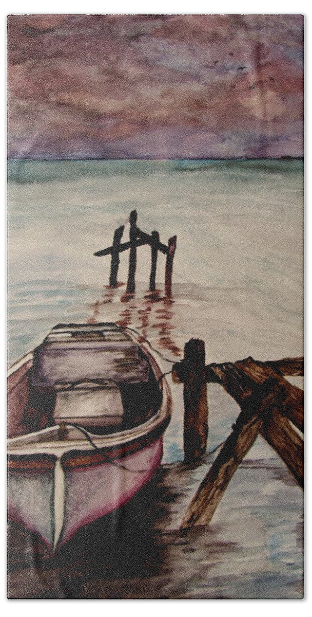 Boat Hand Towel featuring the painting Calm Waters by Lil Taylor