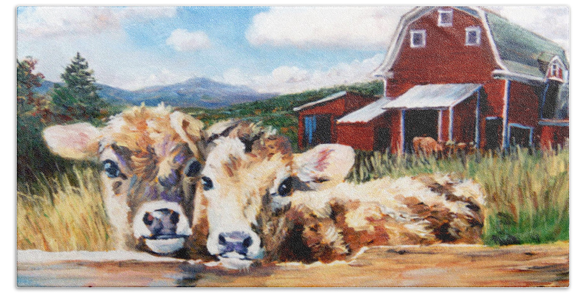 Cows Bath Towel featuring the painting Calves by Marie Witte
