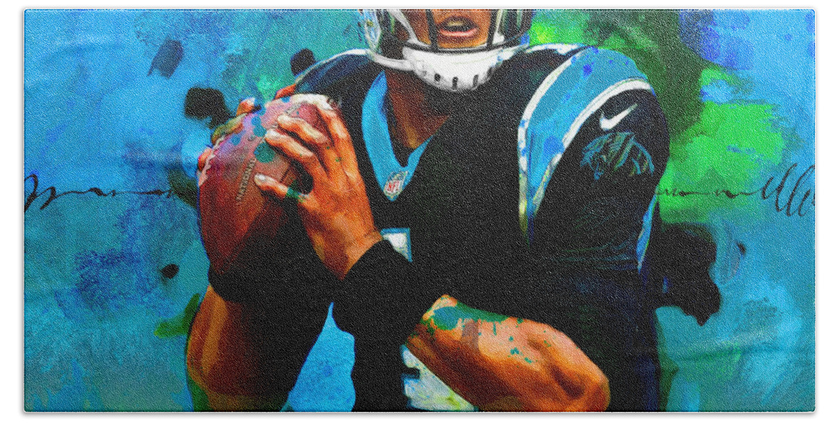 Cam Newton Hand Towel featuring the painting Cam One In a Million by John Farr