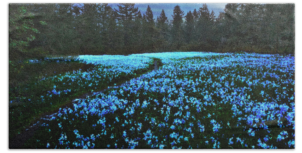 Camas Hand Towel featuring the photograph Camas Lilies in Moonlight by John Christopher