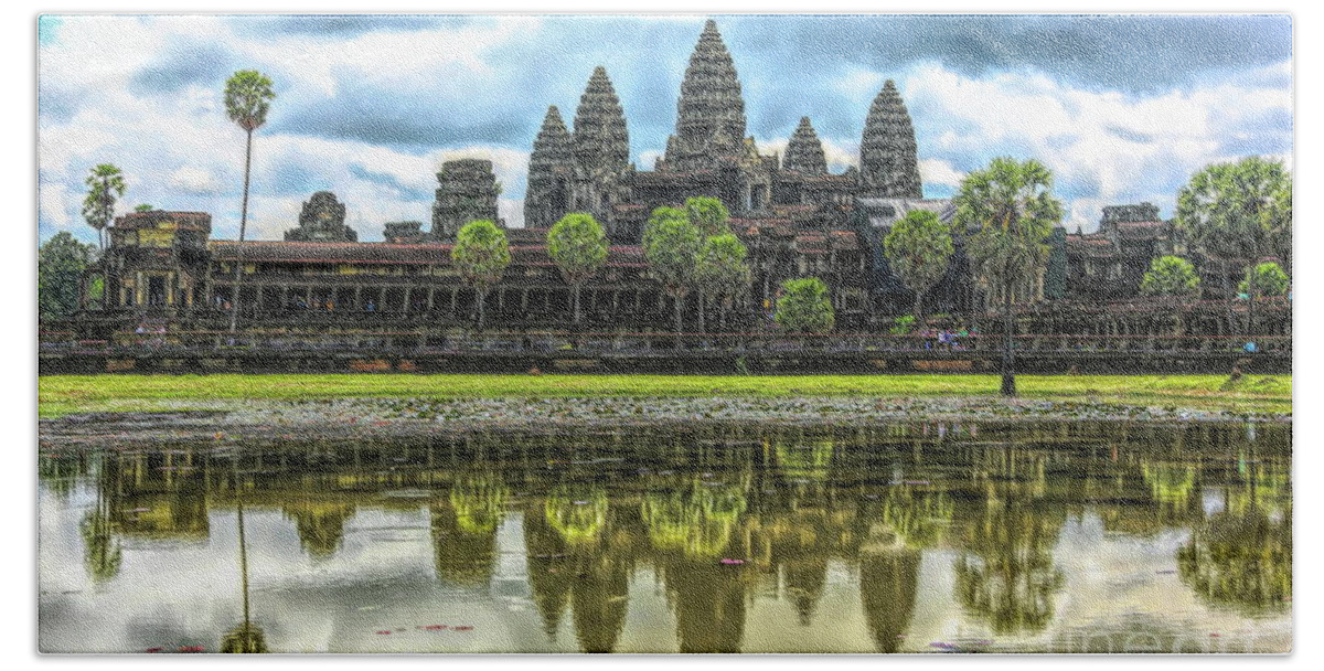 Angkor Wat Bath Towel featuring the digital art Cambodia Panorama Angkor Wat Reflections by Chuck Kuhn