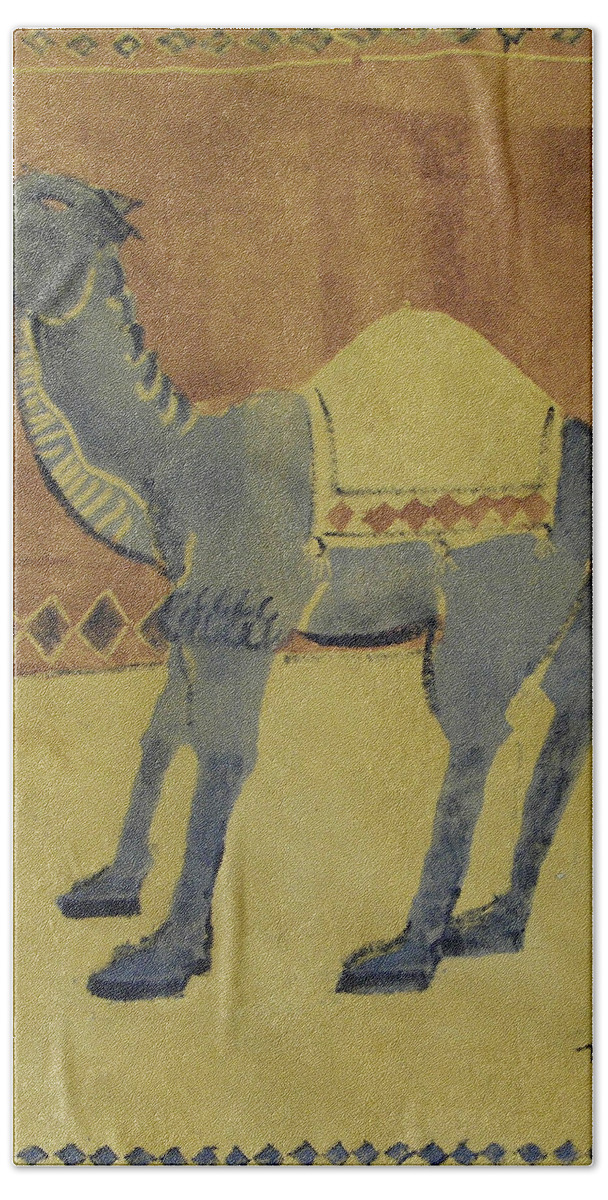 Animal Bath Towel featuring the painting Camel with Diamonds by Thomas Tribby