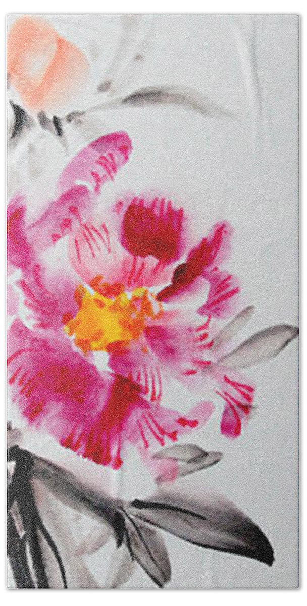 Japanese Bath Towel featuring the painting Camellia And Butterfly by Fumiyo Yoshikawa