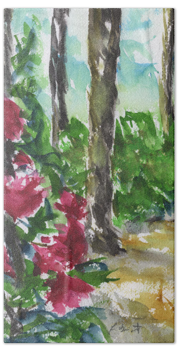 Camellia Bush 2 Hand Towel featuring the painting Camellia Bush 2 by Frank Bright