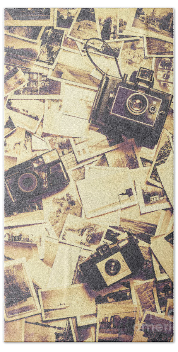 Nostalgia Bath Towel featuring the photograph Cameras on a visual storyboard by Jorgo Photography