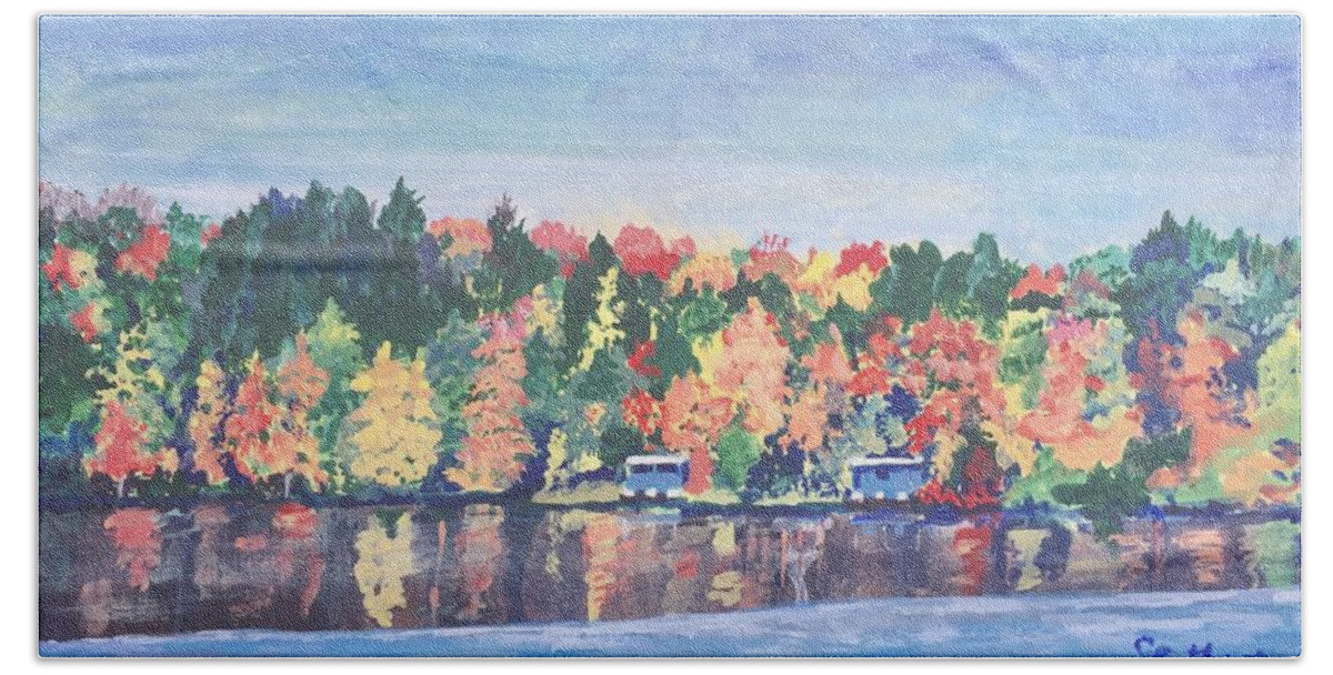 Fall Bath Towel featuring the painting Camp Archbald at Ely Lake by Christine Lathrop