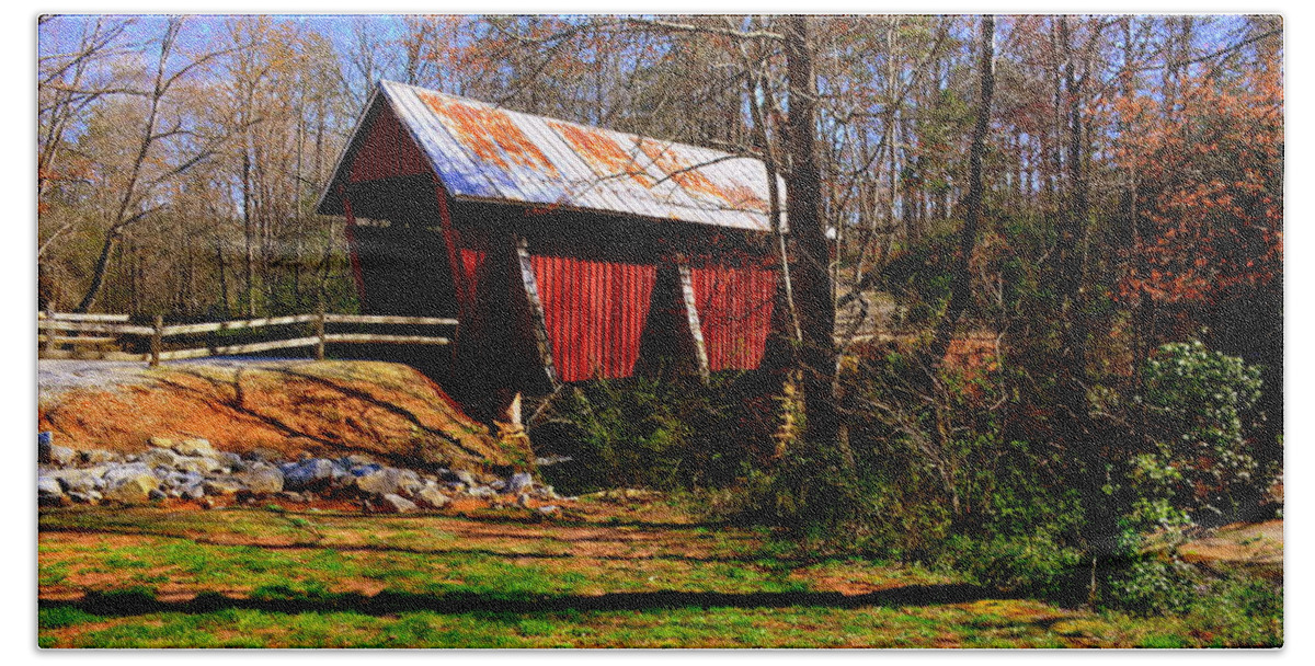 Campbell's Covered Bridge Est. 1909 Hand Towel featuring the photograph Campbell's Covered Bridge Est. 1909 by Lisa Wooten