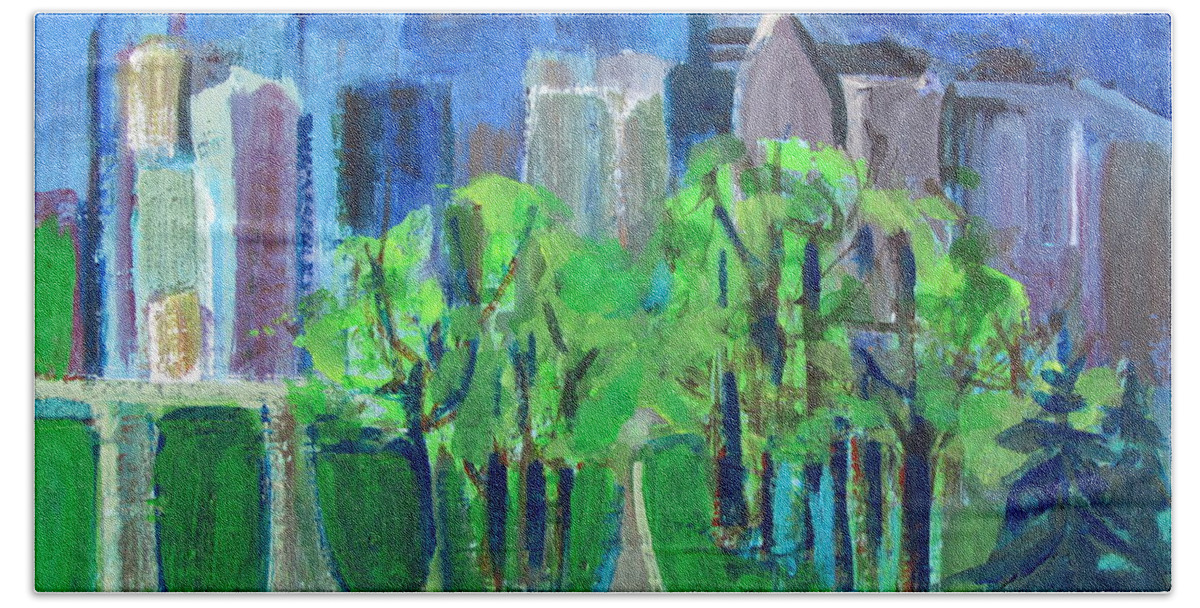 City Scene And Green Park Area Bath Towel featuring the painting Campus by Betty Pieper